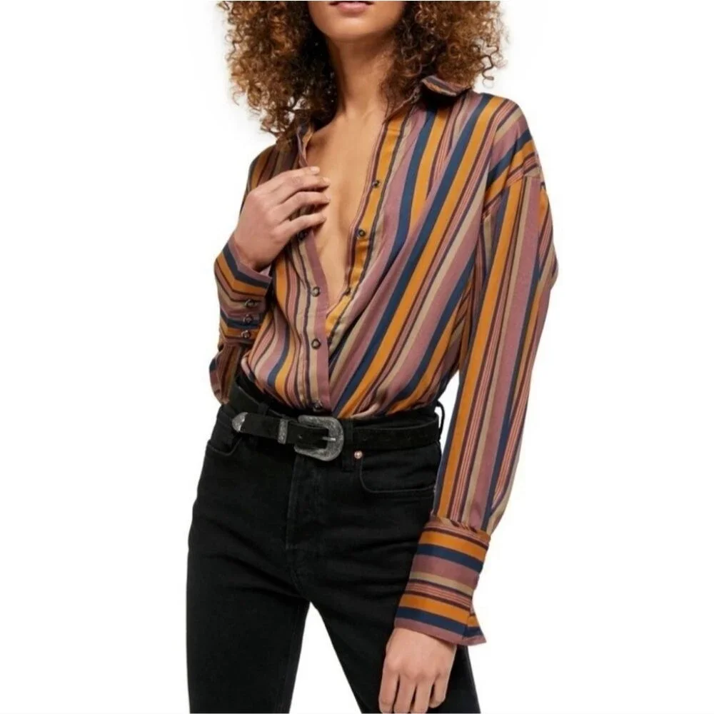 Free people We The Free All Smiles Striped Shirt Multocolor Size XS Oversized - Picture 1 of 15